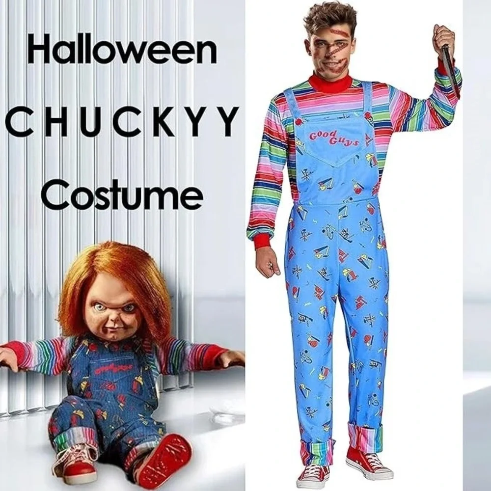 Adult Chucky Halloween Costume Men Women Overalls Shirt Knife Scars XL New